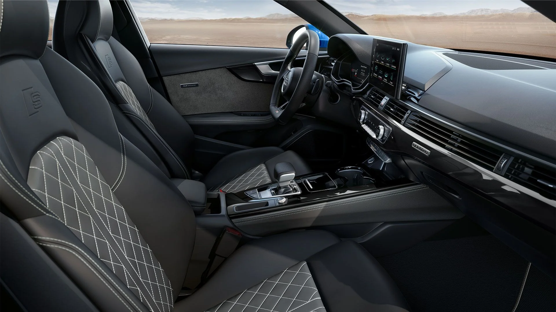 Blick in das Interior: die komfortablen Sitze, das Lenkrad sowie Infotainment Display des Audi A4